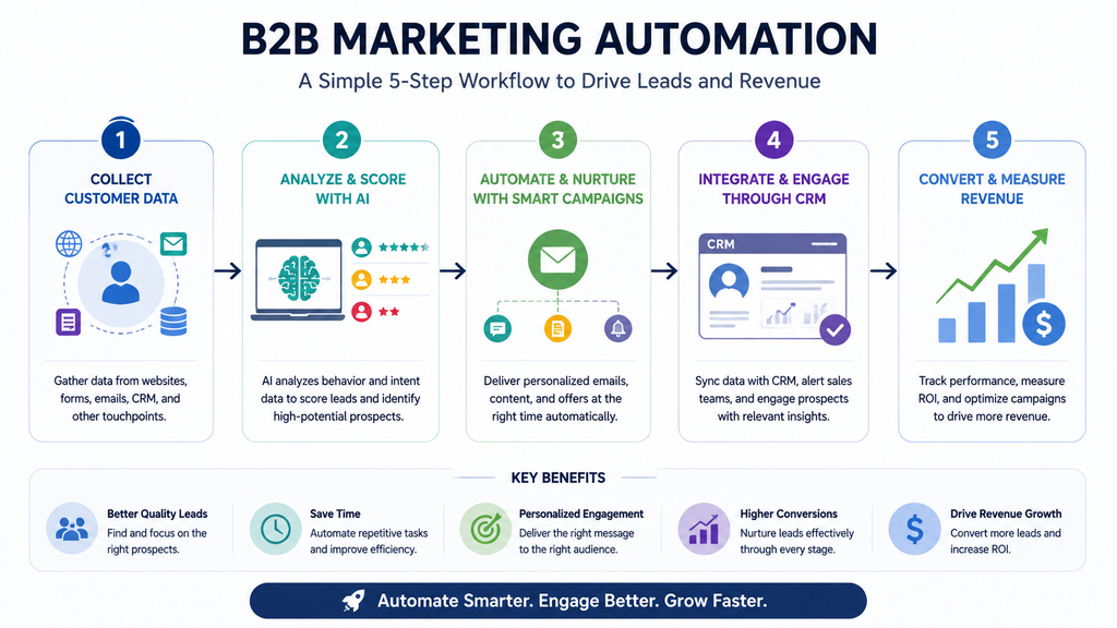 B2B Marketing Automation workflow using AI, customer data, CRM, and revenue tracking
