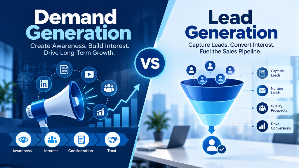 Demand generation vs. lead generation: comparing brand awareness, buyer engagement, lead nurturing, and sales conversion strategies.