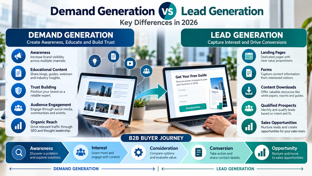 Demand Generation vs Lead Generation comparison showing B2B awareness, lead capture, and sales opportunities