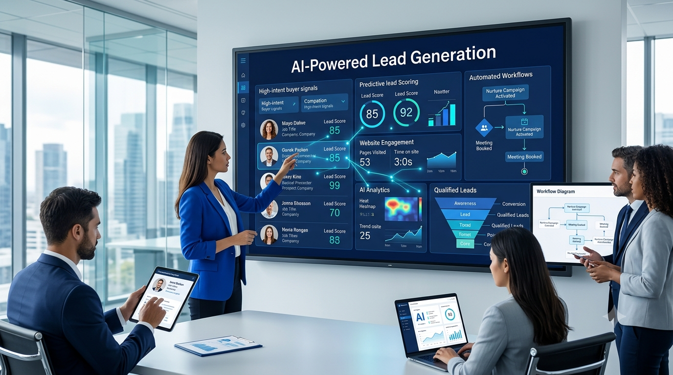 AI-powered lead generation dashboard showing high-intent B2B buyers and lead scoring