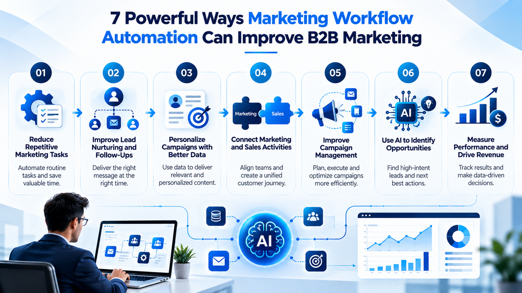 7 powerful ways marketing workflow automation improves B2B marketing through AI, lead nurturing, campaign management, and performance tracking.