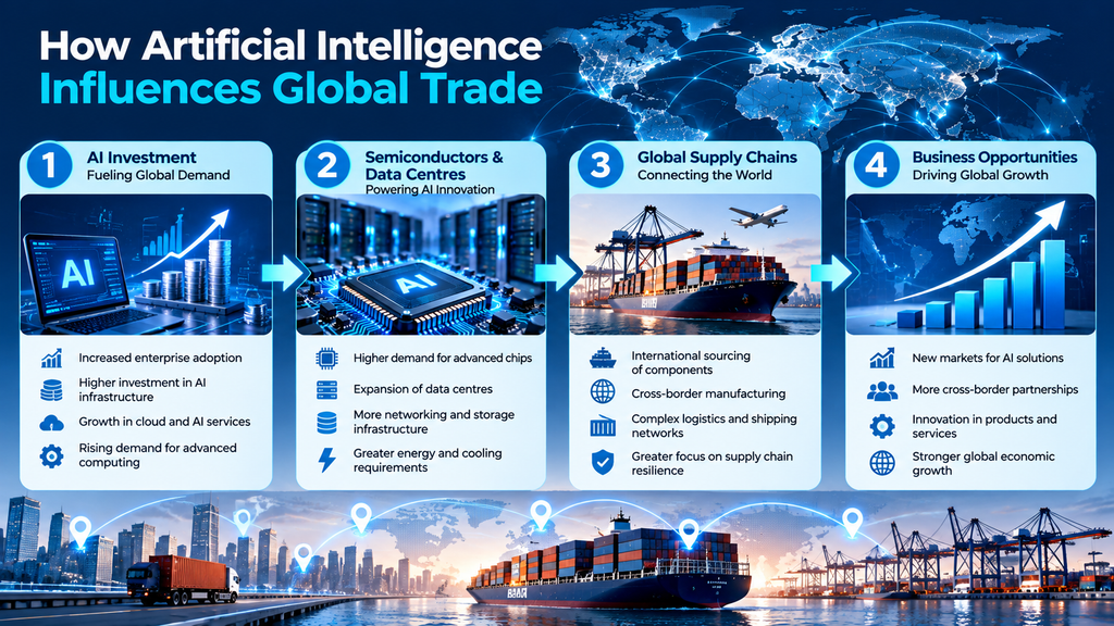 AI and global trade connections between AI investment, semiconductor supply chains, and international business opportunities.