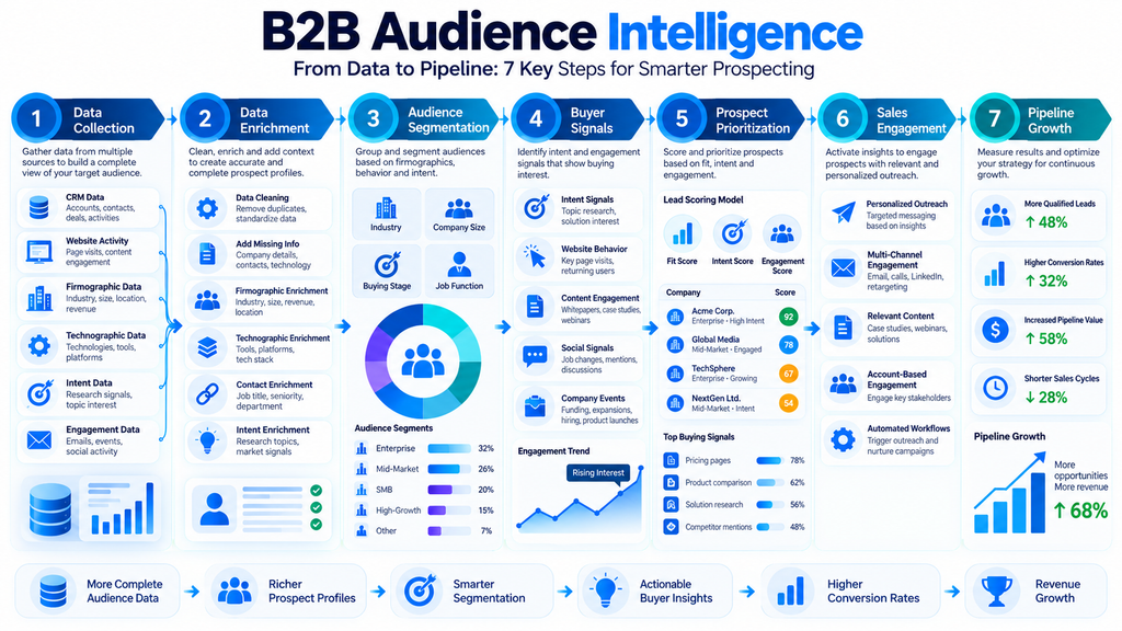 B2B audience intelligence workflow showing data collection, data enrichment, audience segmentation, buyer signals, prospect prioritization, and sales engagement.
